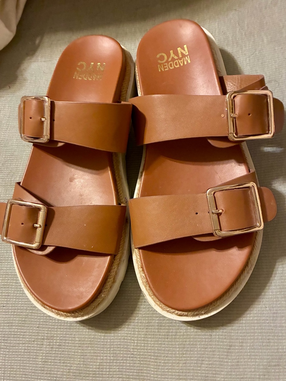 Madden NYC Brown Double-Buckle Slide Sandals, Size 9 1/2